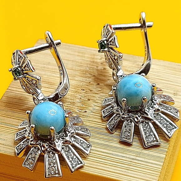 Natural Unheated Larimar 7mm & Cz‎ 925 Sterling Silver Earrings - Picture 3 of 7